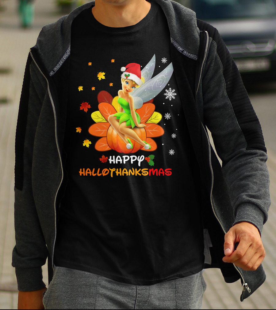 Tinkerbell Happy HalloThanksMas Pumpkin Santa Hat Snowflakes T-Shirt