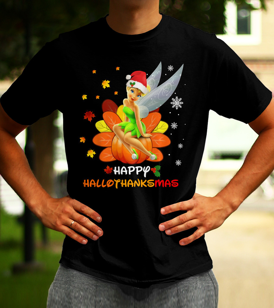 Tinkerbell Happy HalloThanksMas Pumpkin Santa Hat Snowflakes T-Shirt