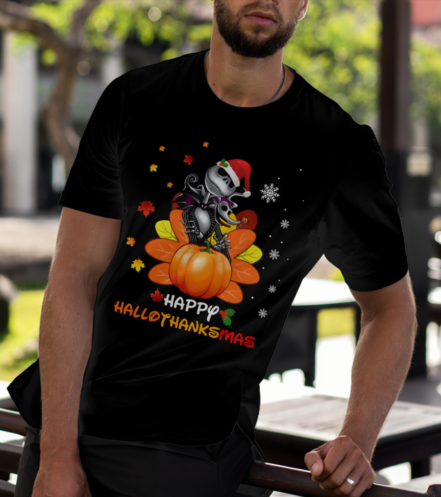 Happy Hallothanksmas Jack Pumpkin Santa Snowflakes T-Shirt