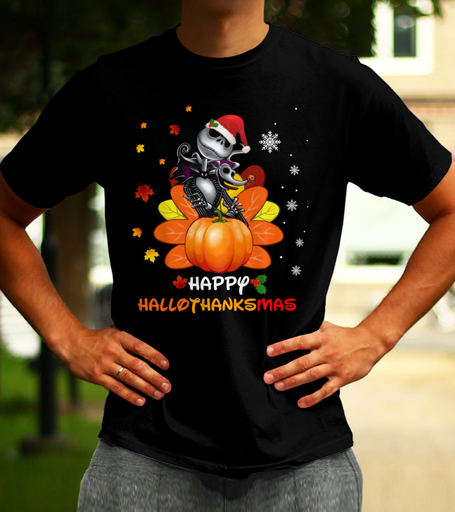 Happy Hallothanksmas Jack Pumpkin Santa Snowflakes T-Shirt