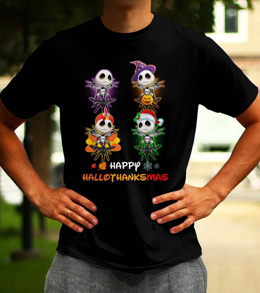 Happy HalloThanksMas Jack Skellington With Pumpkin Turkey Santa Hat T-Shirt