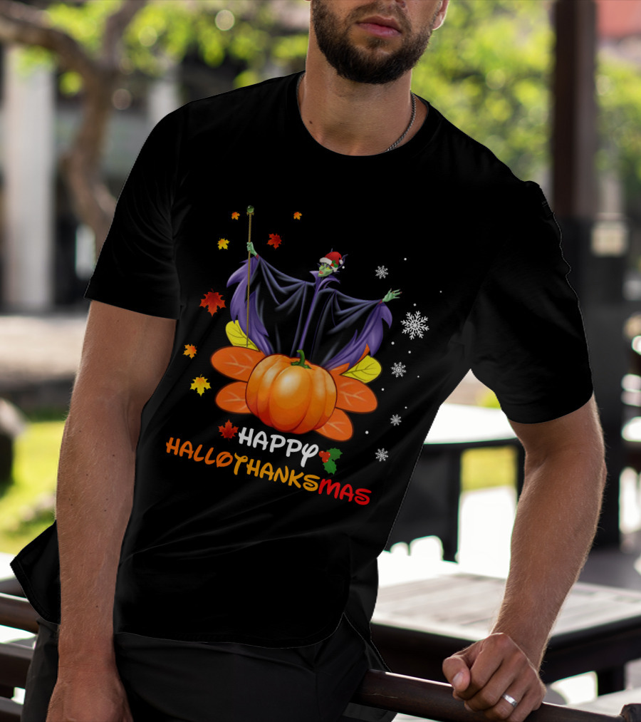 Happy Hallothanksmas Maleficent With Pumpkin And Santa Hat T-Shirt