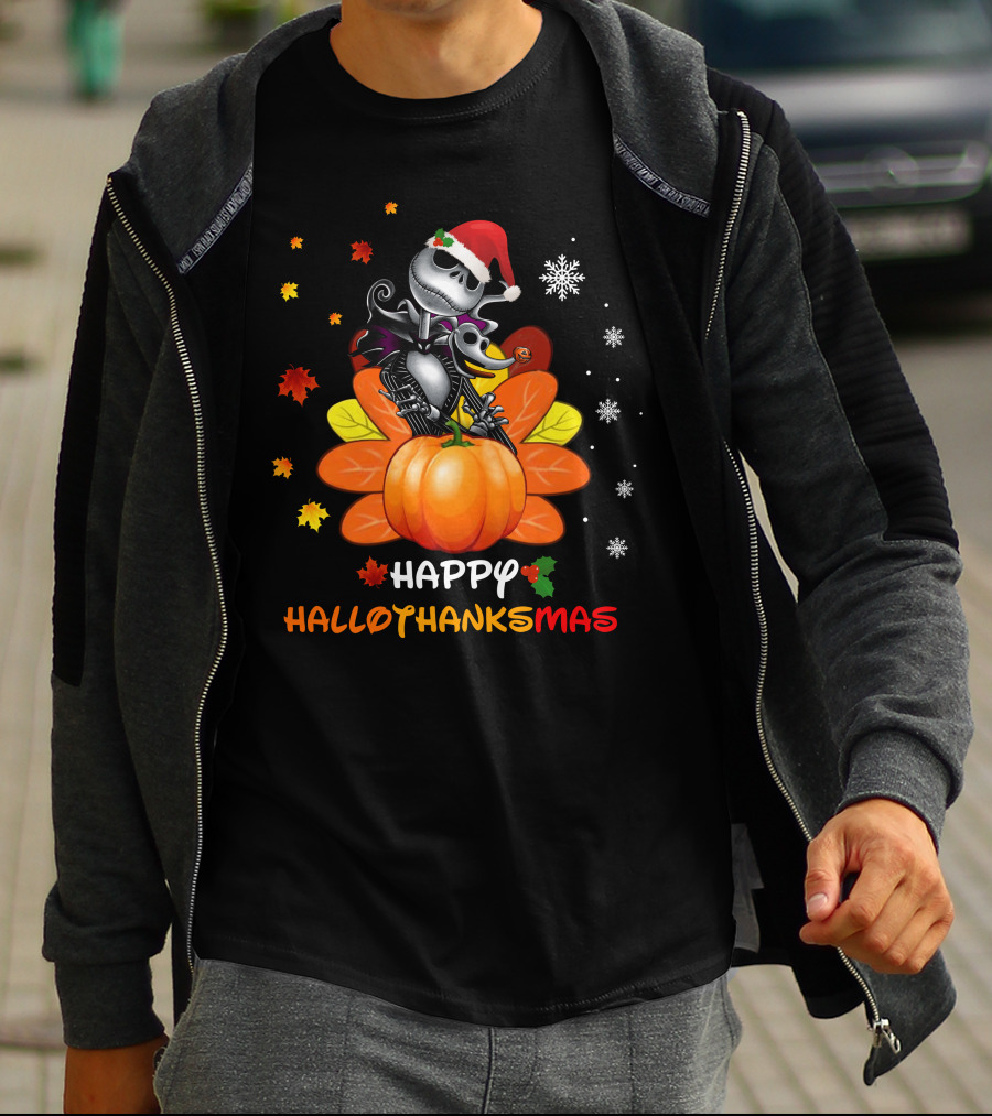 Happy HalloThanksMas Pumpkin Jack In Santa Hat With Snowflakes And Autumn Leaves T-Shirt