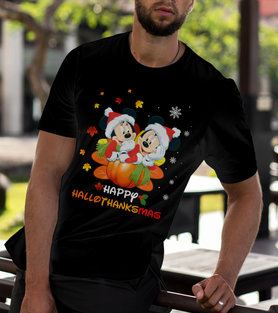 Mickey Happy HalloThanksMas Pumpkin Leaves Snowflakes T-Shirt