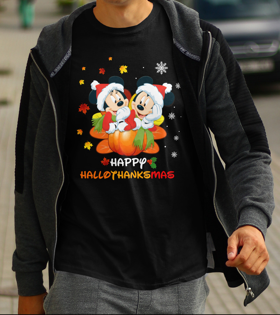 Mickey Happy HalloThanksMas Pumpkin Leaves Snowflakes T-Shirt