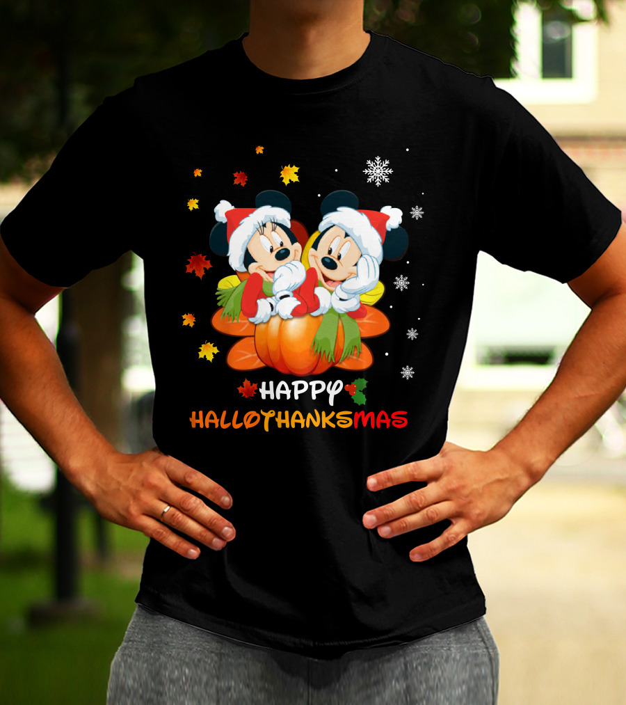 Mickey Happy HalloThanksMas Pumpkin Leaves Snowflakes T-Shirt