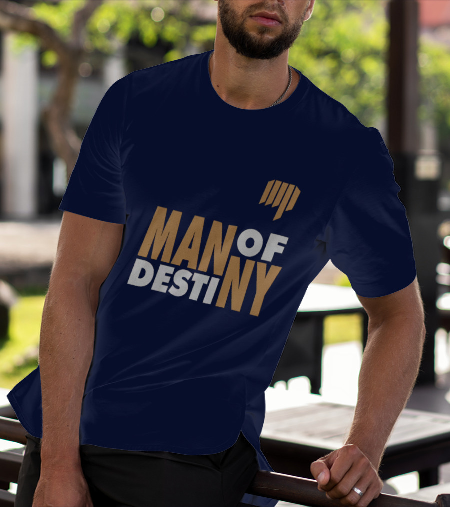 Man Of Destiny Blue And Gold Text With Vertical Stripe T-Shirt