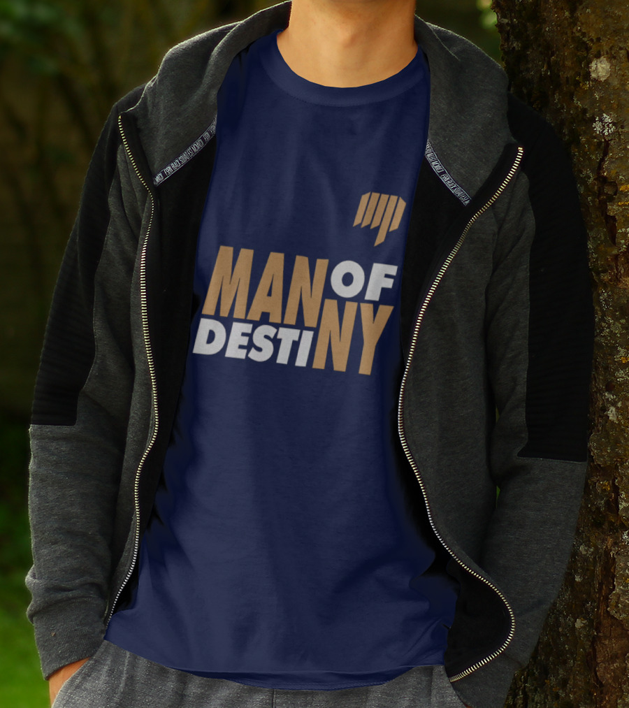 Man Of Destiny Blue And Gold Text With Vertical Stripe T-Shirt