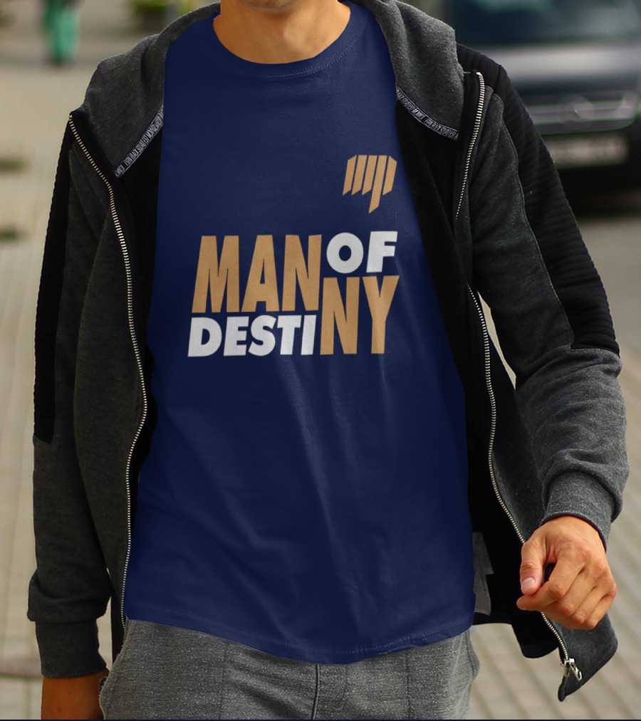 Man Of Destiny Blue And Gold Text With Vertical Stripe T-Shirt