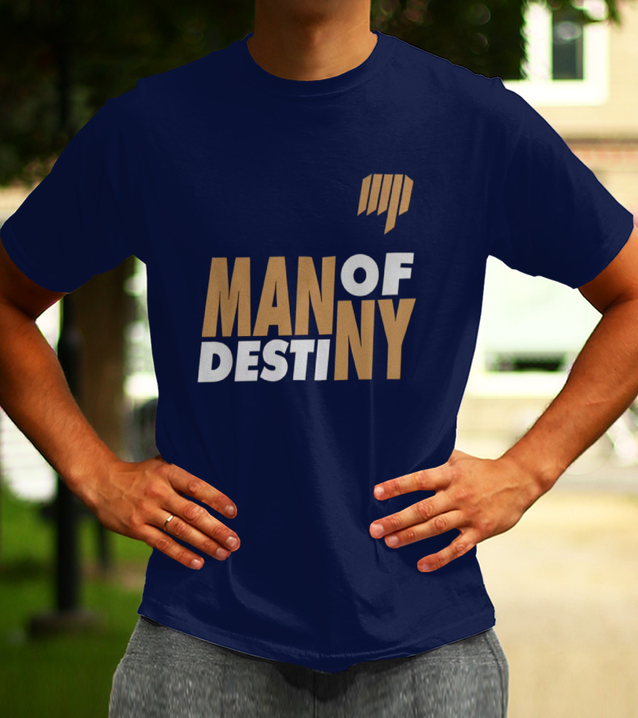 Man Of Destiny Blue And Gold Text With Vertical Stripe T-Shirt