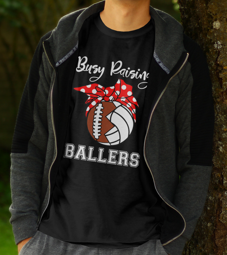 Busy Raising Ballers Football Volleyball Funny Polka Dot Bow T-Shirt