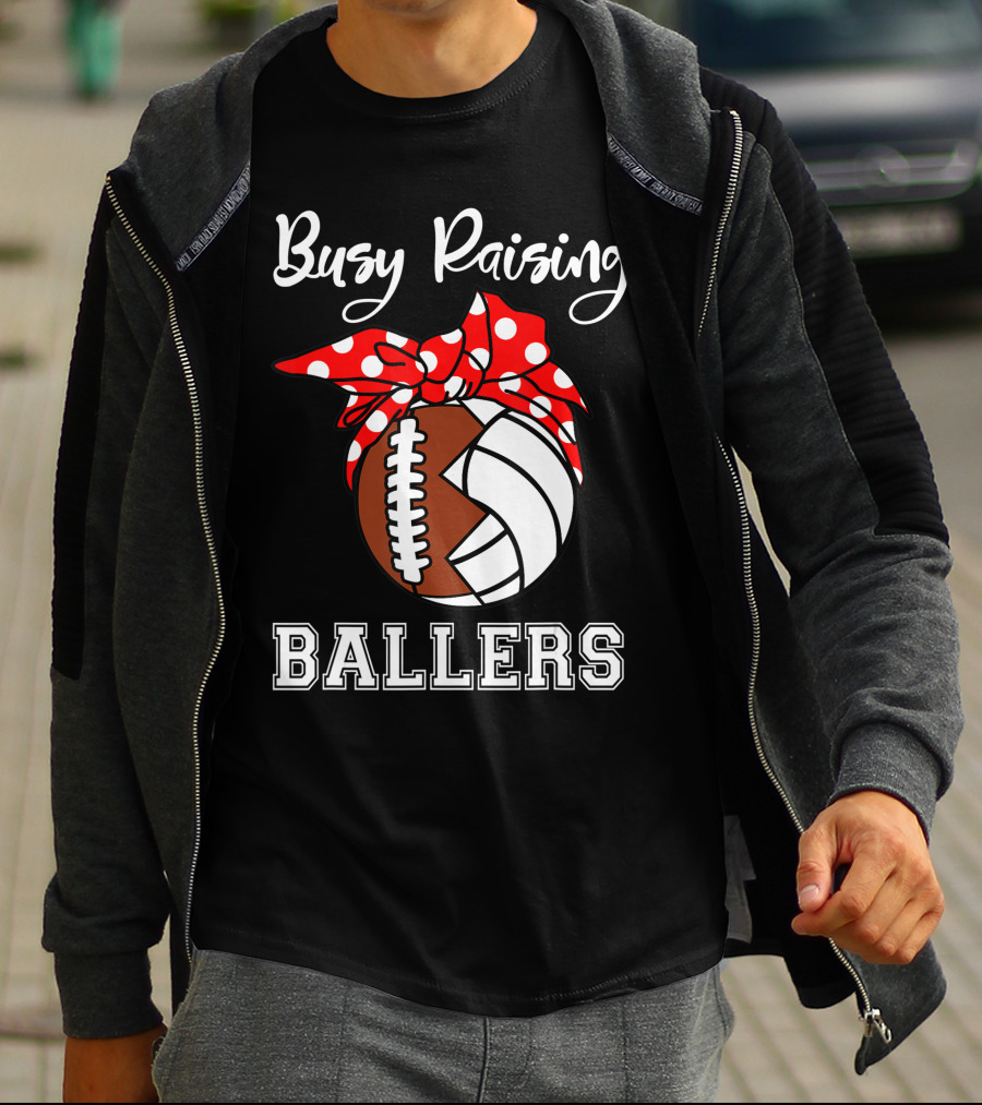 Busy Raising Ballers Football Volleyball Funny Polka Dot Bow T-Shirt