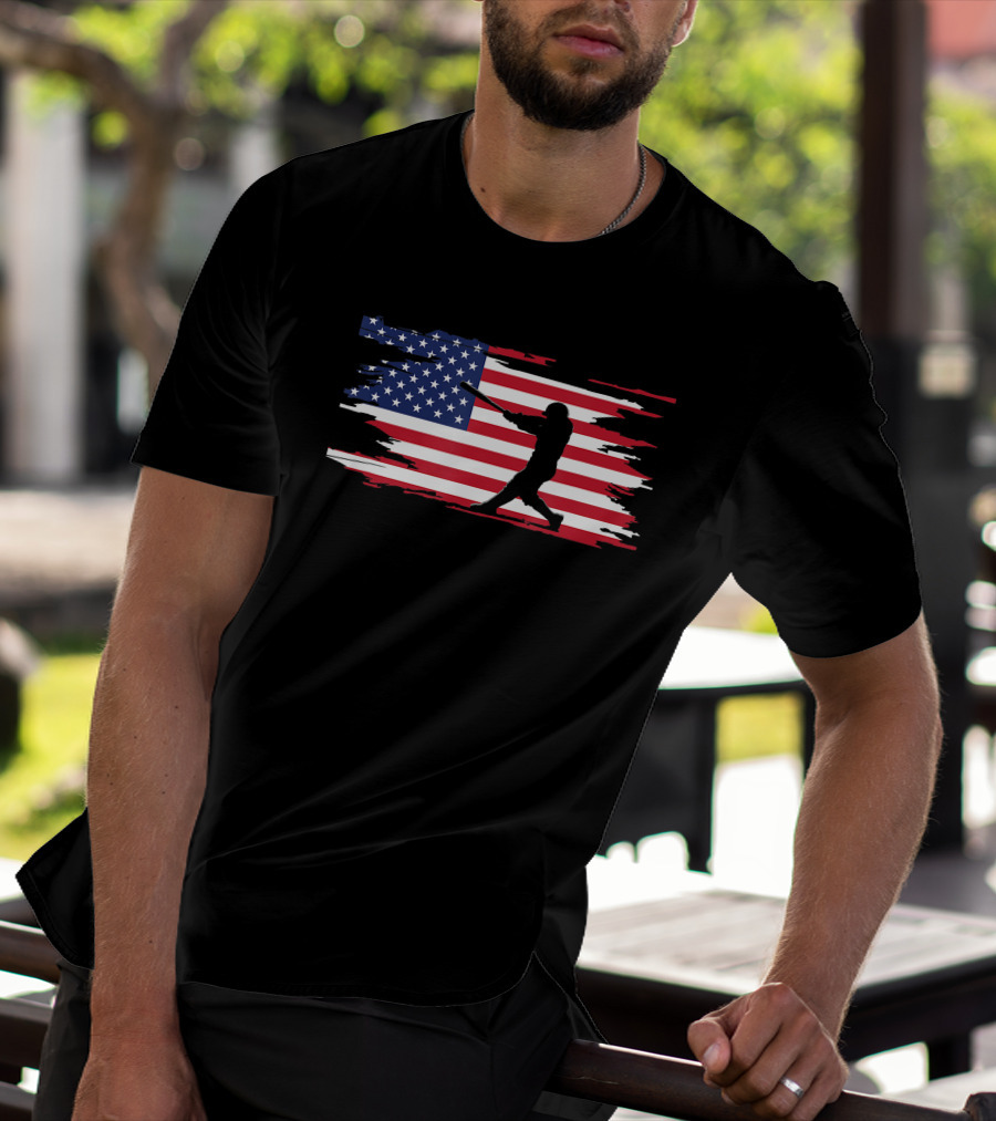 American Flag Baseball Player Silhouette Patriotic Sports T-Shirt