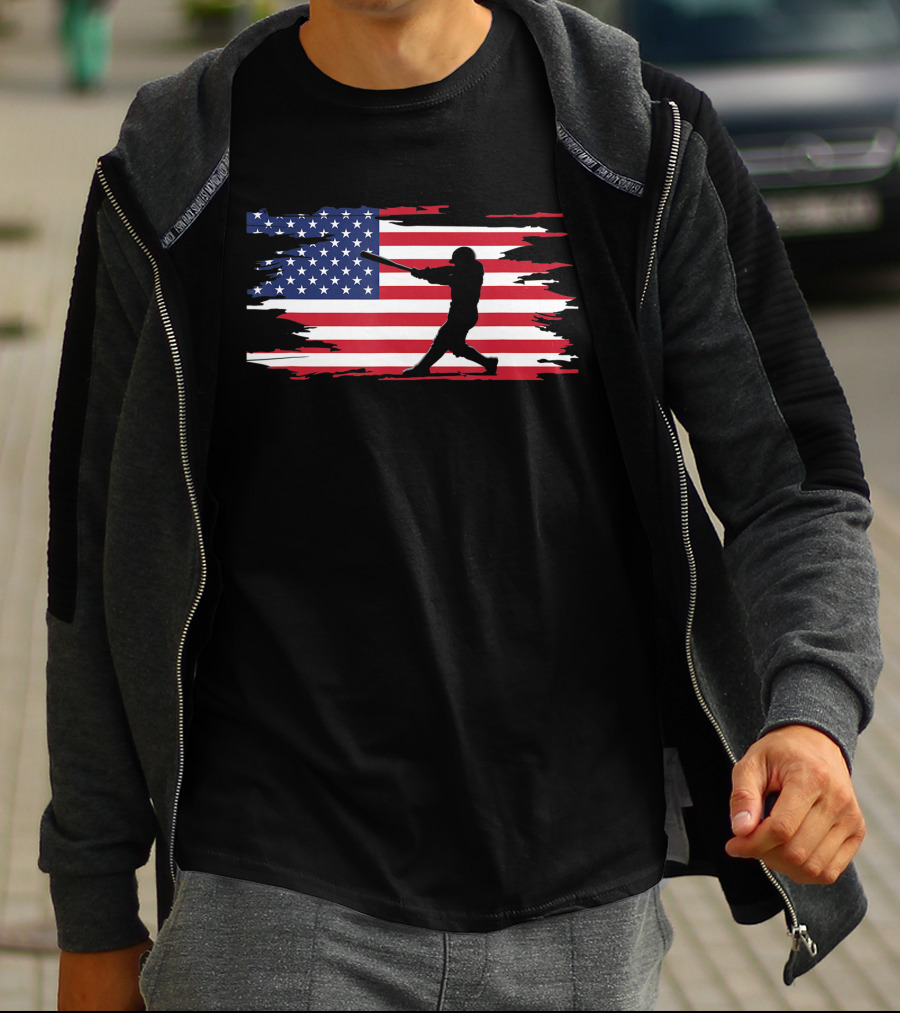 American Flag Baseball Player Silhouette Patriotic Sports T-Shirt