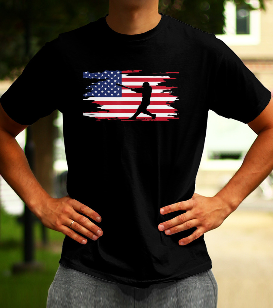 American Flag Baseball Player Silhouette Patriotic Sports T-Shirt