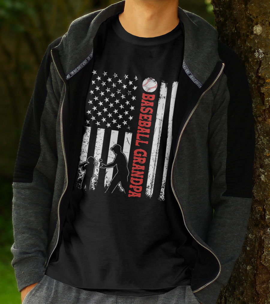 Distressed USA American Flag Baseball Grandpa Silhouette With Bats And Ball T-Shirt
