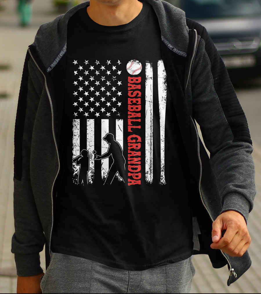 Distressed USA American Flag Baseball Grandpa Silhouette With Bats And Ball T-Shirt