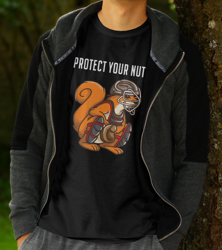 Protect Your Nuts Funny Squirrel Lover Baseball Catcher Animal T-Shirt