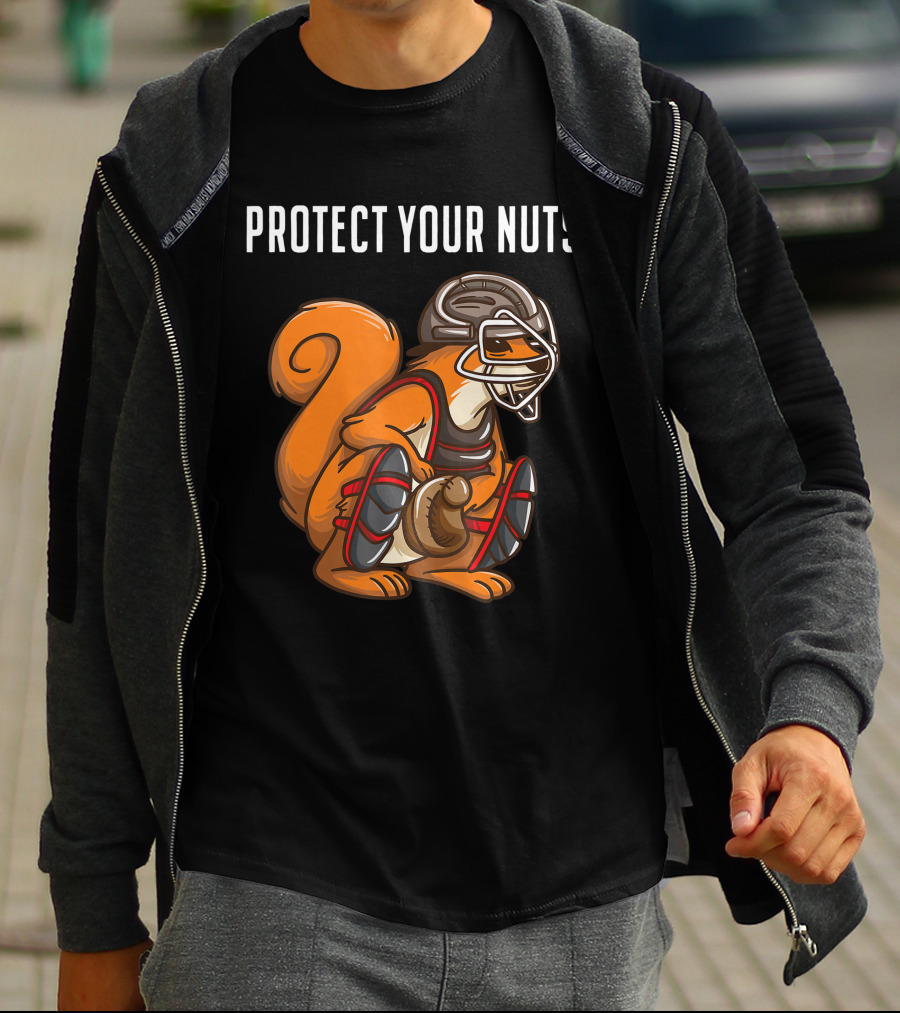 Protect Your Nuts Funny Squirrel Lover Baseball Catcher Animal T-Shirt