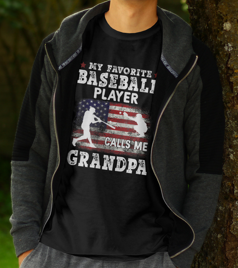 My Favorite Baseball Player Calls Me Grandpa American Flag T-Shirt