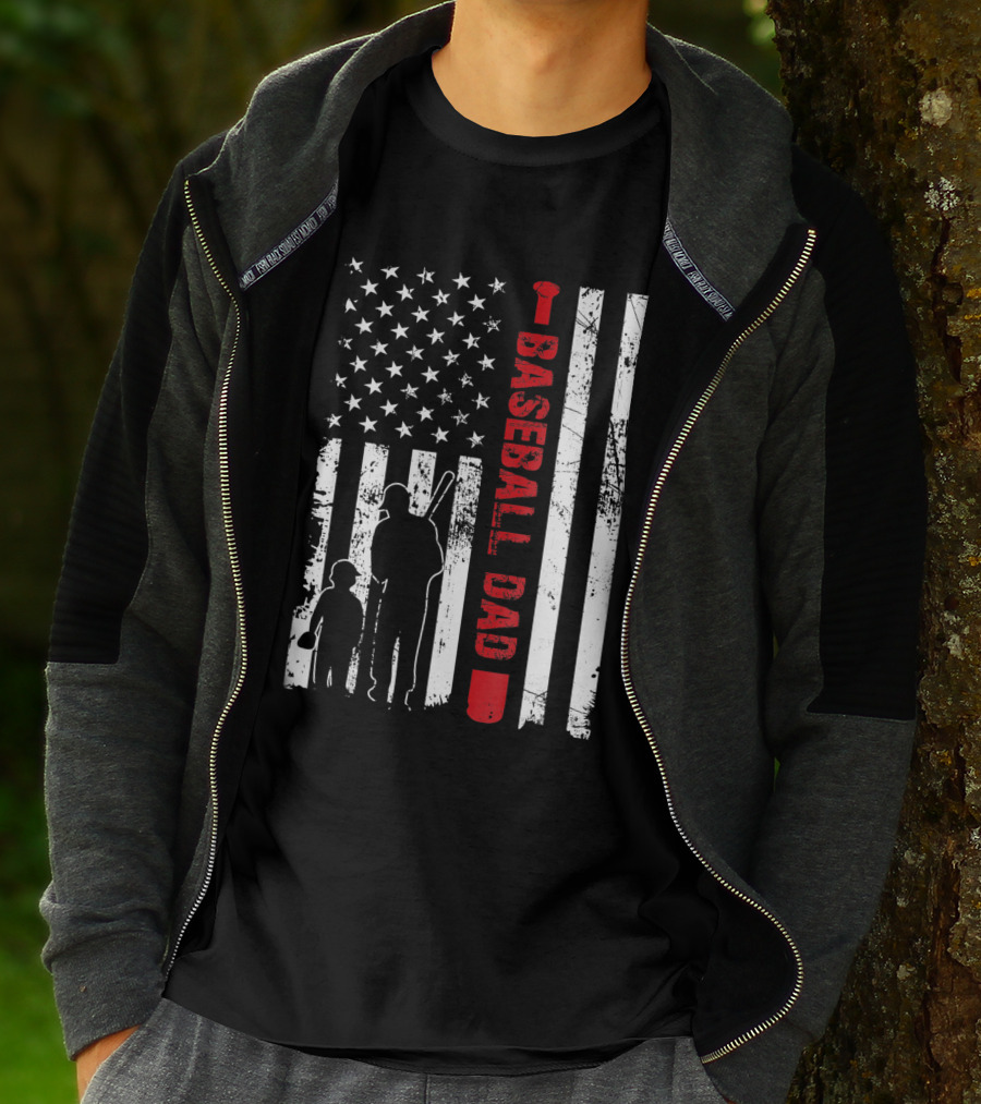 Proud Baseball Dad American Flag Sports T-Shirt