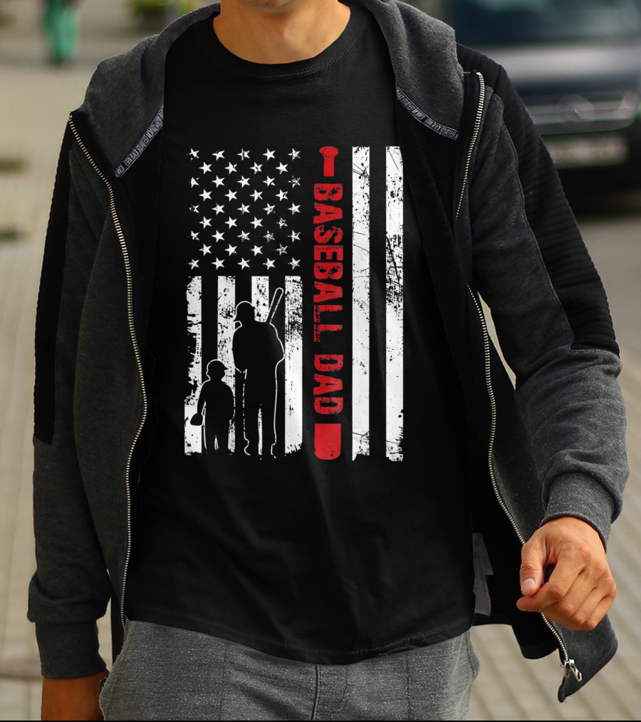 Proud Baseball Dad American Flag Sports T-Shirt
