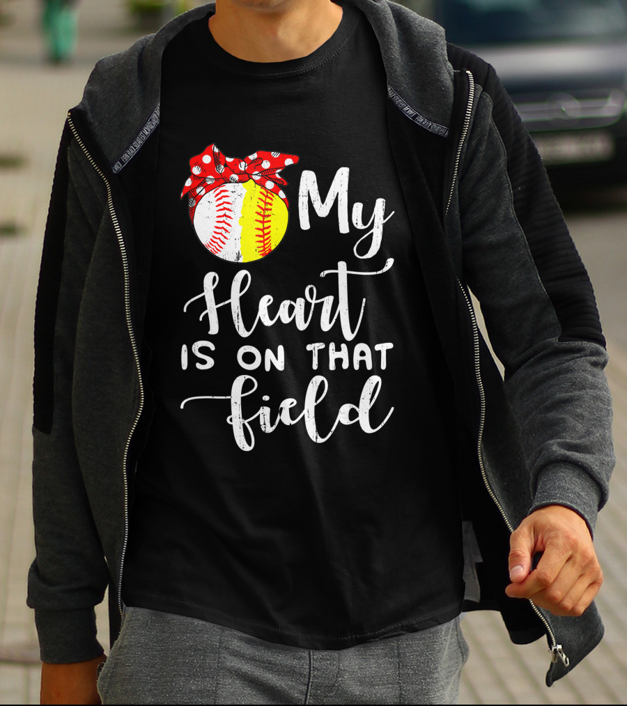 My Heart Is On That Field Baseball Softball Red Polka Dot Bow T-Shirt
