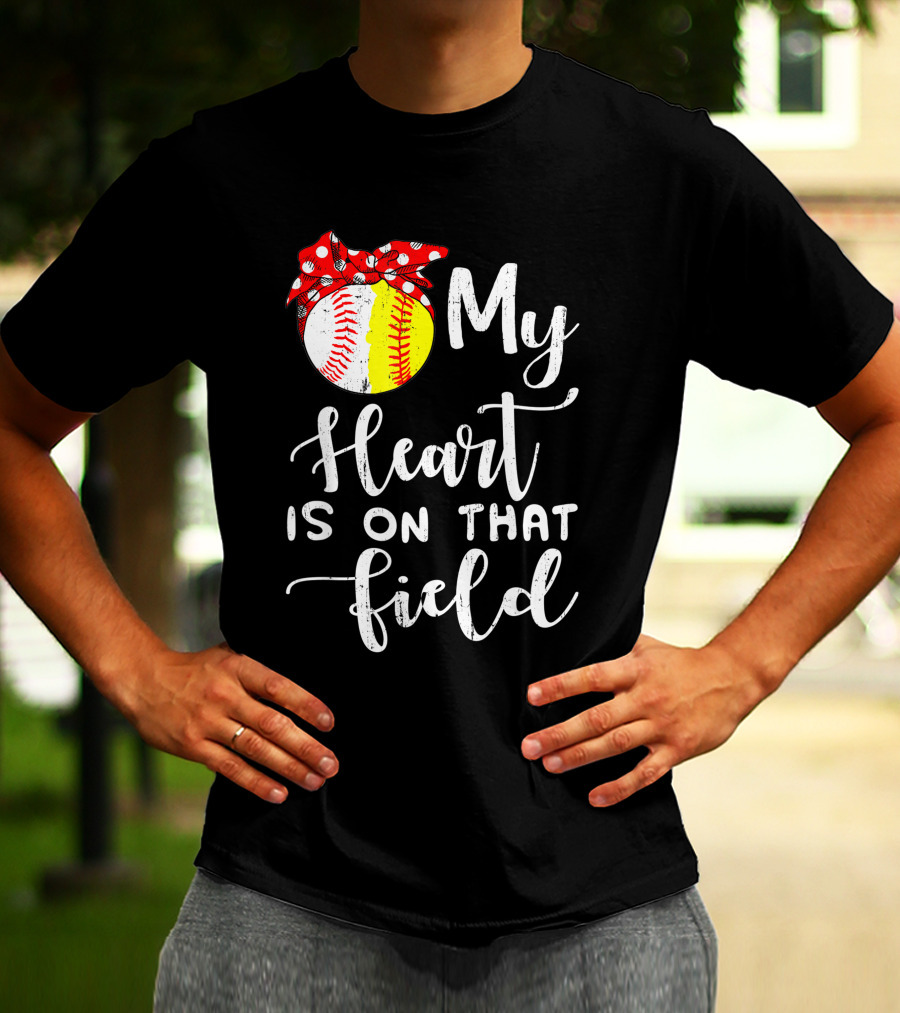 My Heart Is On That Field Baseball Softball Red Polka Dot Bow T-Shirt