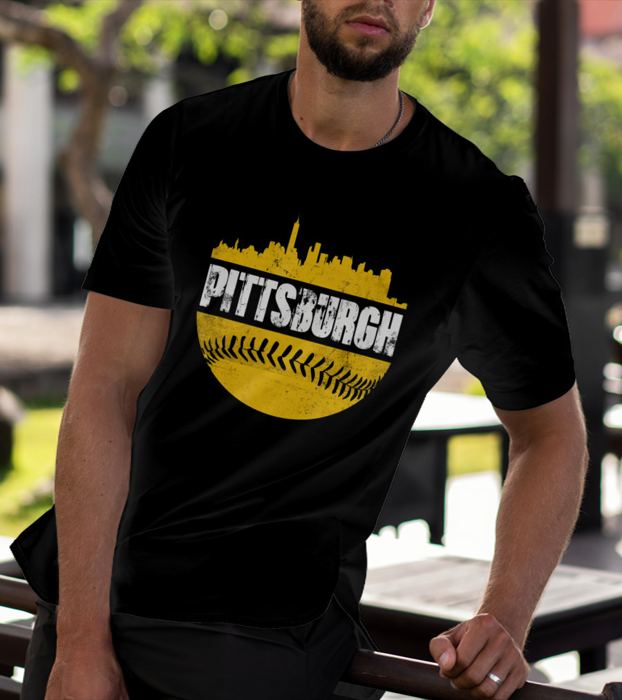Pittsburgh Baseball Cityscape Distressed Look With Baseball Stitching T-Shirt