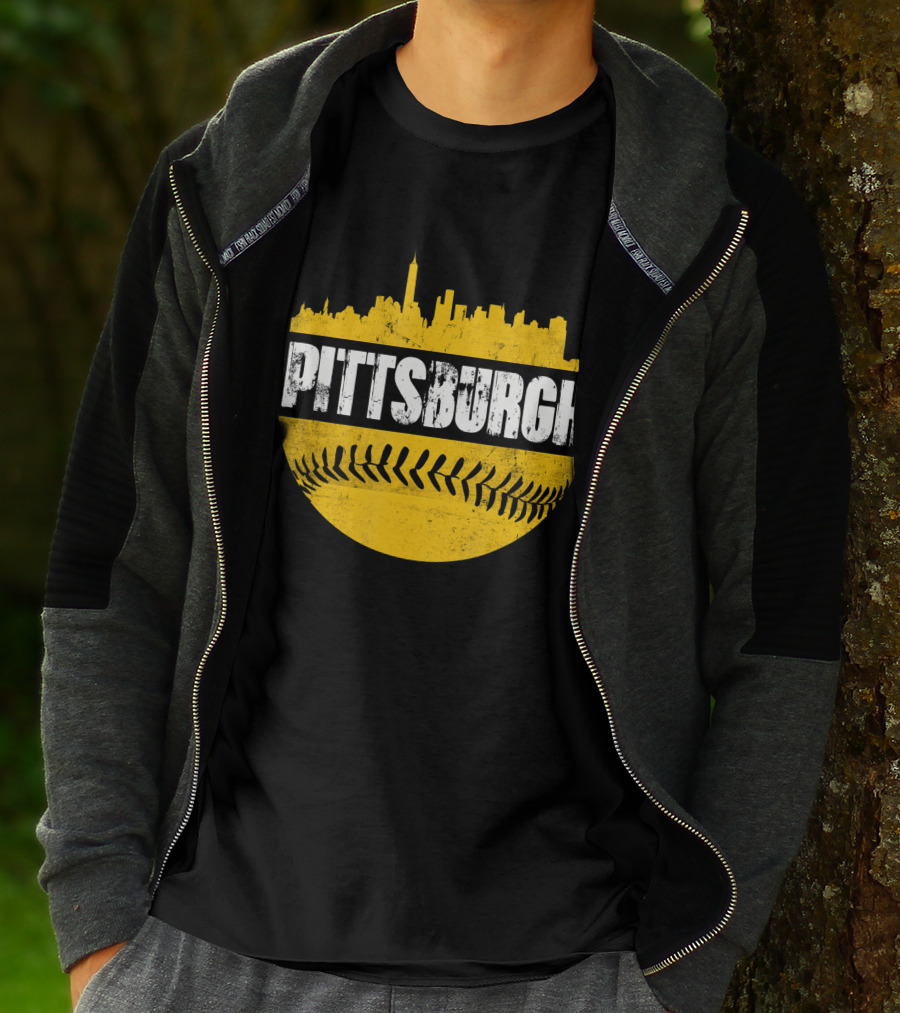 Pittsburgh Baseball Cityscape Distressed Look With Baseball Stitching T-Shirt