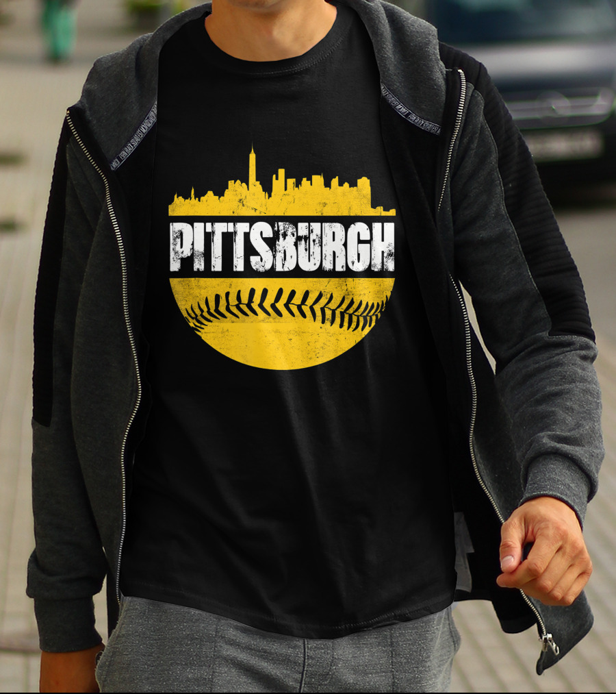 Pittsburgh Baseball Cityscape Distressed Look With Baseball Stitching T-Shirt