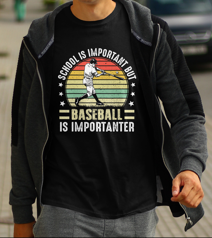 School Is Important But Baseball Is Importanter Vintage Retro Baseball Player T-Shirt