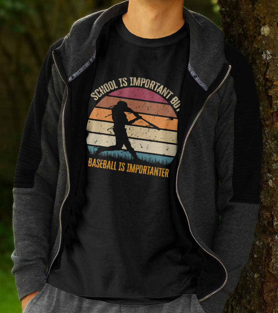 School Is Important But Baseball Is Importanter Retro Sunset Baseball Player T-Shirt