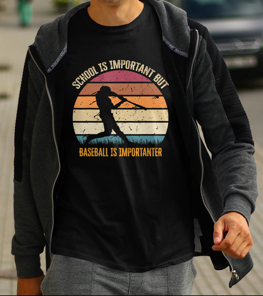 School Is Important But Baseball Is Importanter Retro Sunset Baseball Player T-Shirt