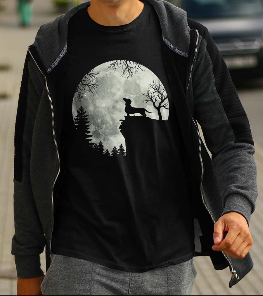 Dachshund Silhouette Howling At Full Moon In Forest Night Scene T-Shirt
