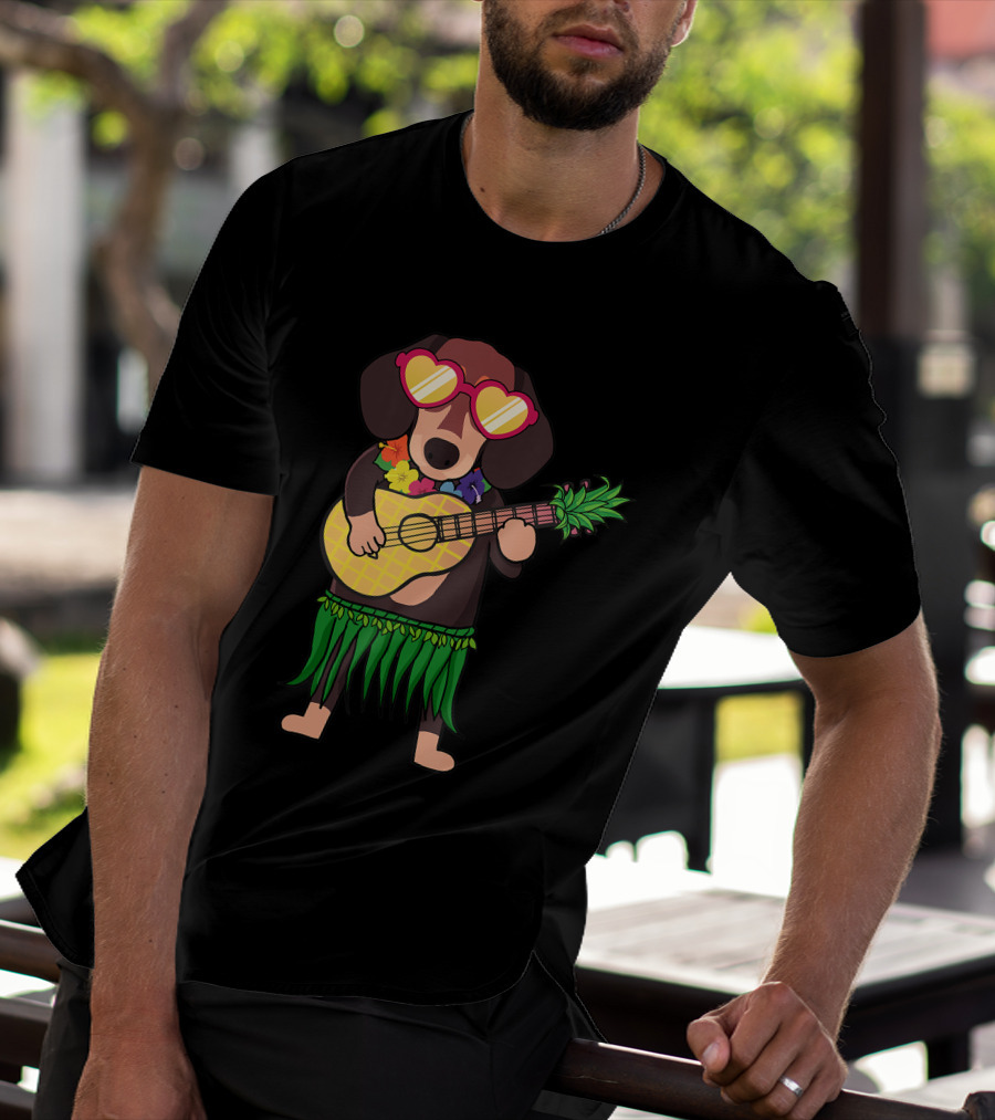 Dachshund Hawaiian Ukulele Player In Summer Costume With Sunglasses T-Shirt