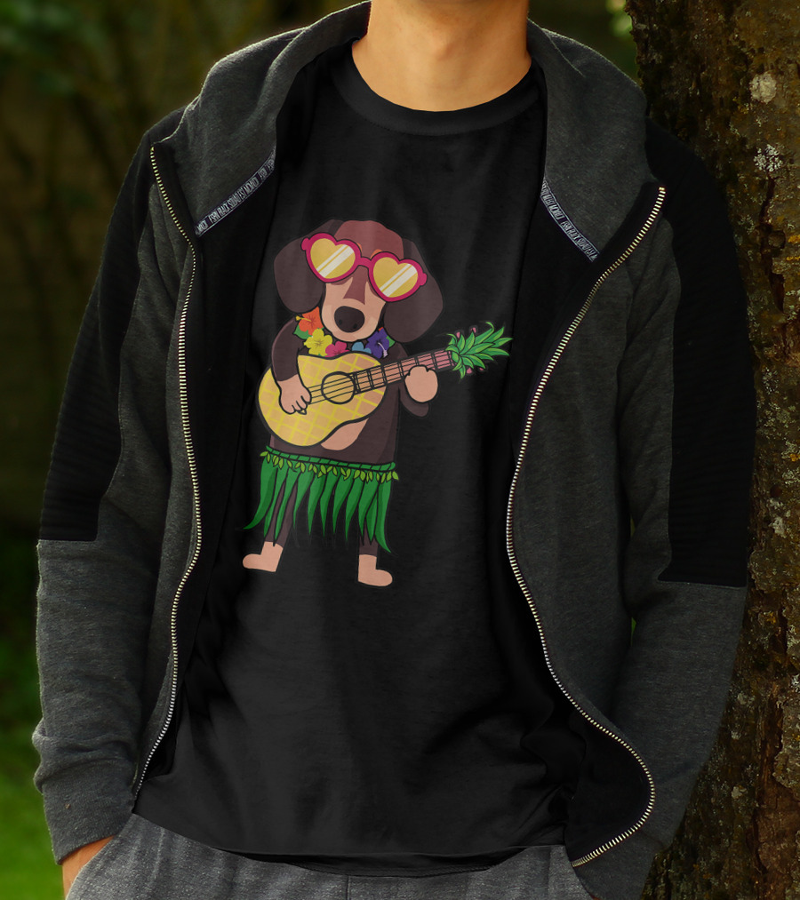 Dachshund Hawaiian Ukulele Player In Summer Costume With Sunglasses T-Shirt