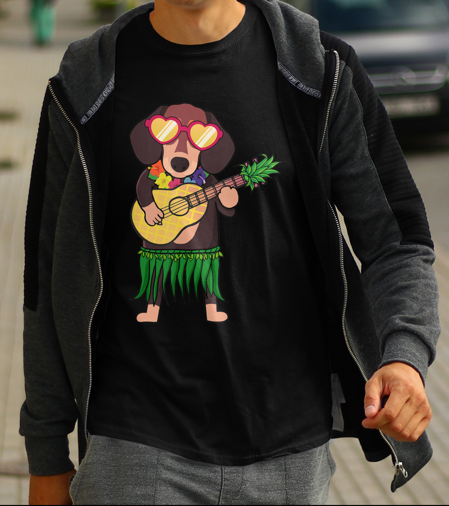Dachshund Hawaiian Ukulele Player In Summer Costume With Sunglasses T-Shirt
