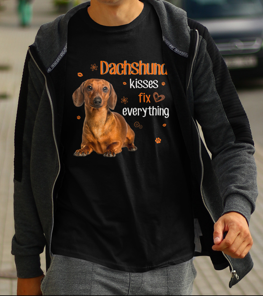 Dachshund Kisses Fix Everything Dachshund Lover Orange Paw Prints T-Shirt