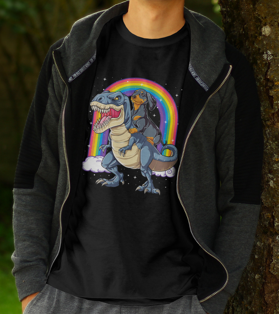 Dachshund Riding Dinosaur Rex T-Shirt