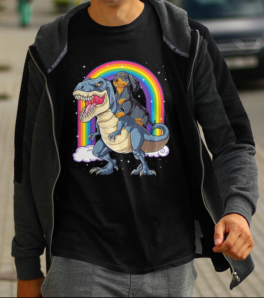 Dachshund Riding Dinosaur Rex T-Shirt