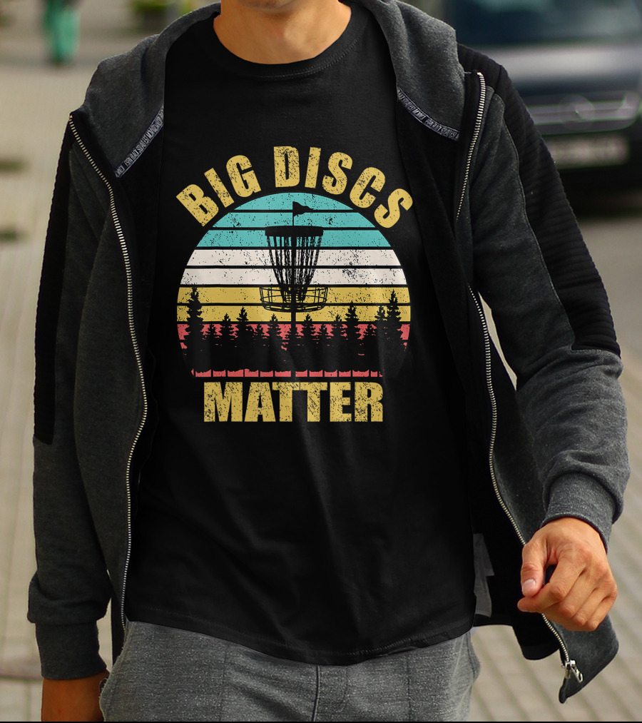 Big Discs Matter Funny Frisbee Golf Retro Sunforest Striped T-Shirt