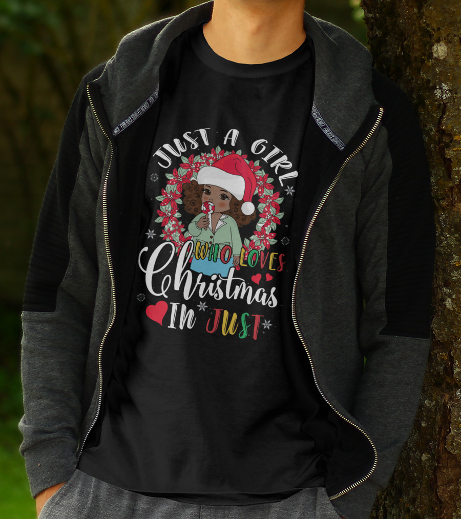 Just A Girl Who Loves Christmas In Just Santa Hat Candy Cane Wreath T-Shirt