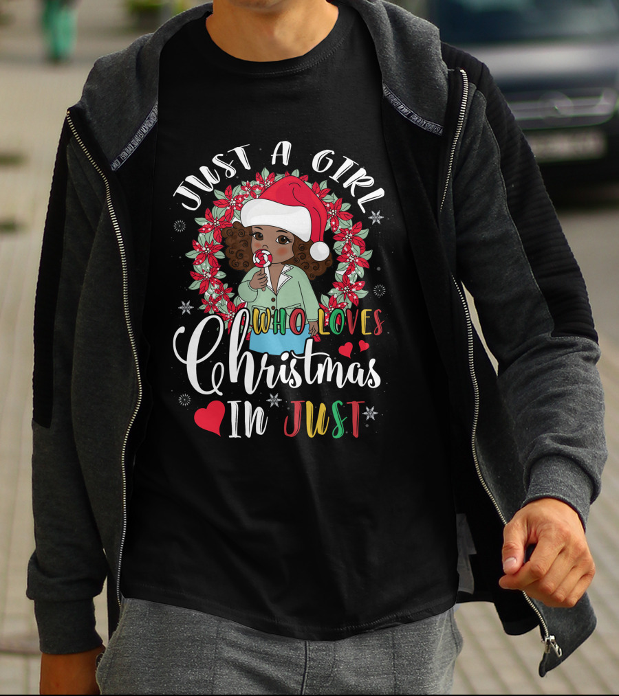Just A Girl Who Loves Christmas In Just Santa Hat Candy Cane Wreath T-Shirt