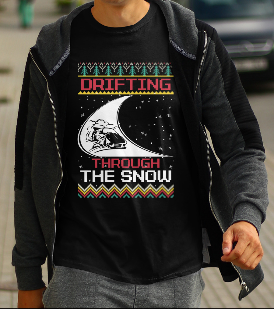 Drifting Through The Snow Racing Car Christmas Trees Snowflakes T-Shirt