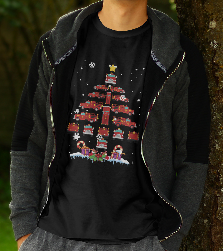 Firefighter Truck Christmas Tree With Snowflakes And Presents T-Shirt
