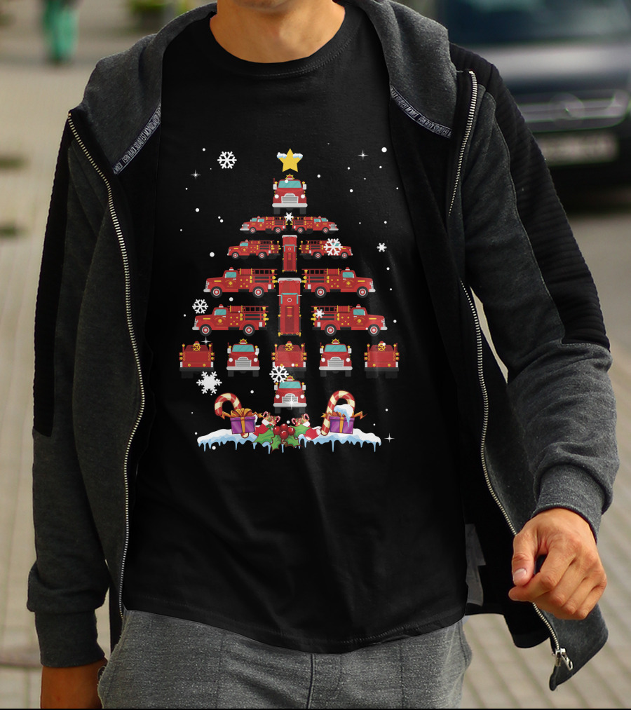 Firefighter Truck Christmas Tree With Snowflakes And Presents T-Shirt