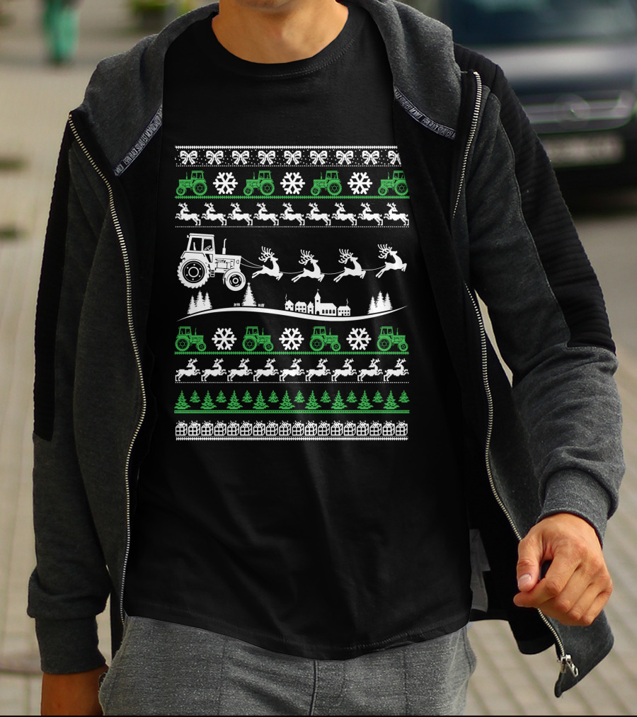 Funny Christmas Farmer Tractor Reindeer Snowflakes Trees T-Shirt
