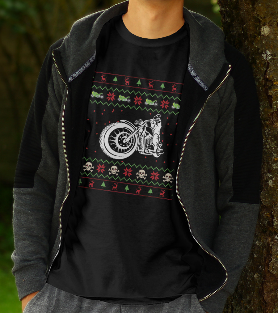 Motorbike Ugly Christmas Sweater Skulls And Reindeer T-Shirt