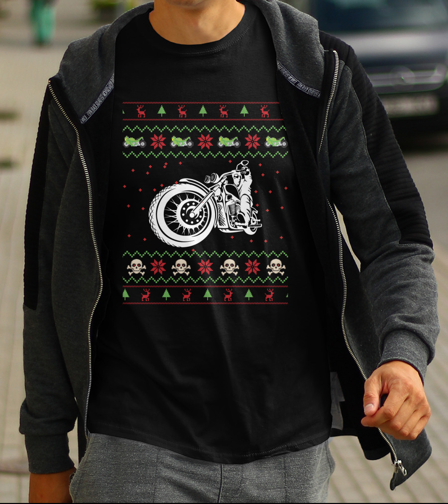 Motorbike Ugly Christmas Sweater Skulls And Reindeer T-Shirt